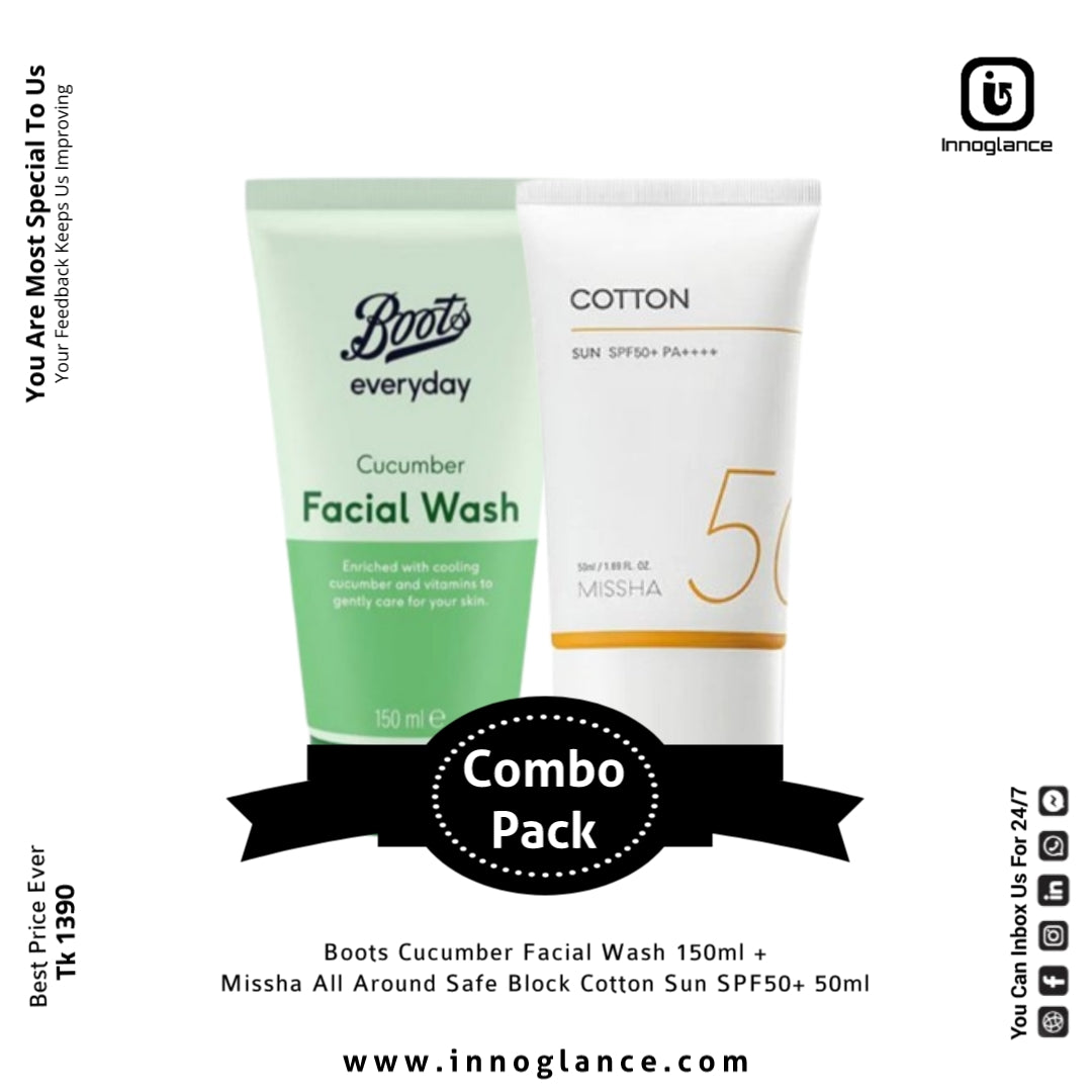 Combo Pack | Boots Cucumber Facewash & Missha Cotton Sun SPF50+