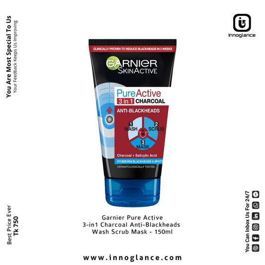 Garnier Pure Active 3-in1 Charcoal Anti-Blackheads Wash Scrub Mask - 150ml