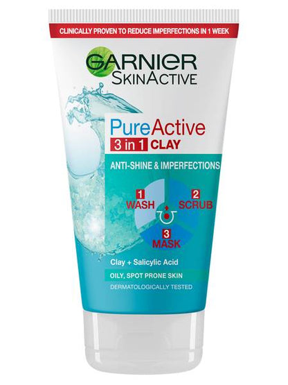 Garnier Pure Active 3 in 1 Clay Wash Scrub & Mask - 150ml